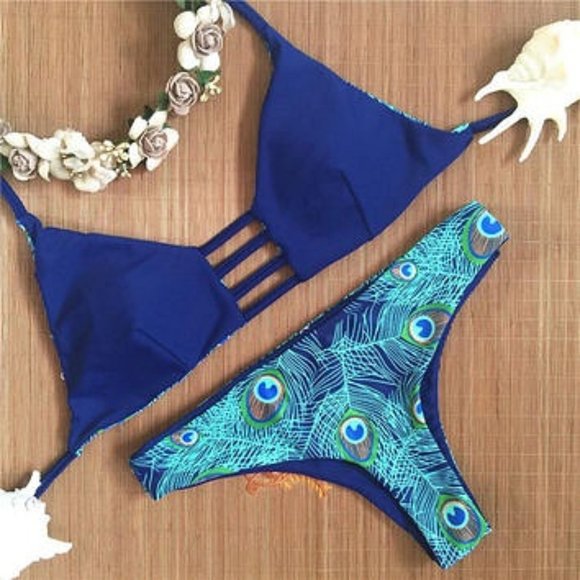 ✨Reversible Peacock Feather Cheeky Thong Bikini ✨ - Picture 2 of 8